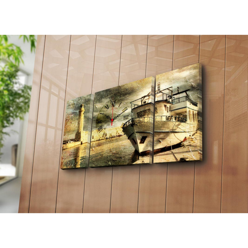 Horloge murale élégante en toile décorative (3 pièces), 33,5 po x 17,7 po | Toile 100% suède avec cadre 100% bois (épaisseur: 1,2 po) | Décoration élégante pour le salon et le bureau, design unique et horloge