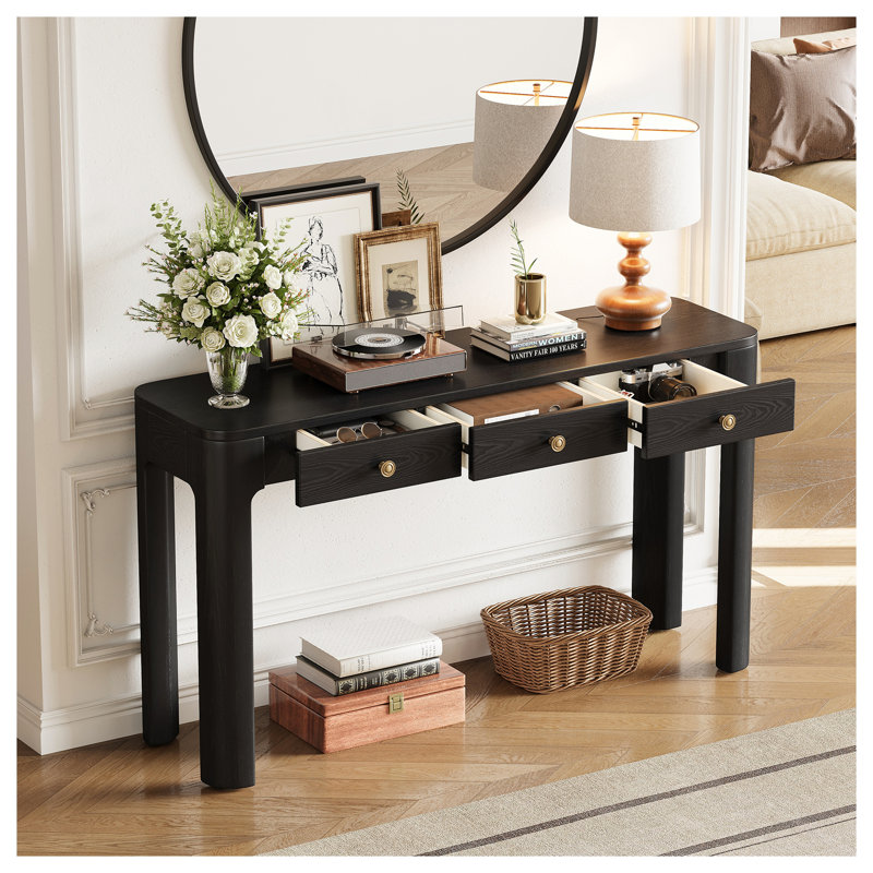 Rustic Console Table with Curved Corners for Safety, Entryway Table with 3 Concealed Drawers, Sturdy Sofa Table with Thick Legs for Hallway & Living Room (Black)