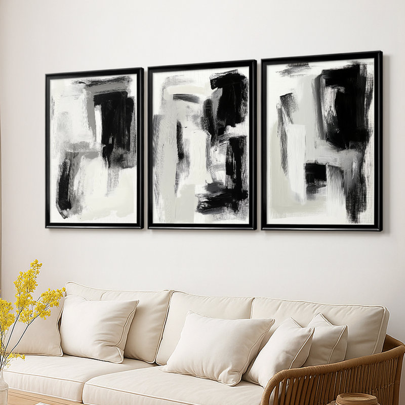 ABSTRACT Series DCCLxx - Toile tendue avec châssis sur mesure - 3 pièces, Noir, H 19 po x l 27 po