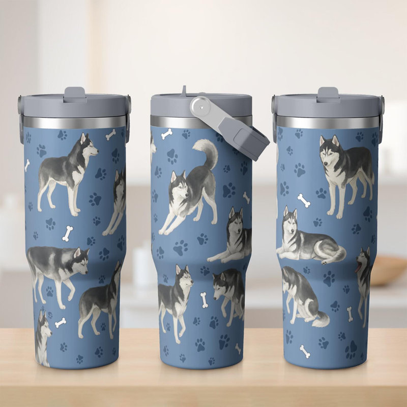 Gobelet 30 oz avec couvercle et poignée Gobelets isothermes en acier inoxydable Bouteille d'eau mignonne avec rabat (chien)