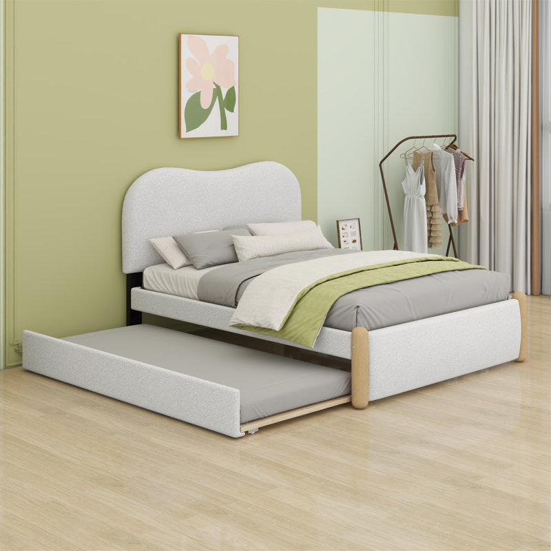 Lit plateforme tapissier avec pieds de soutien en bois et lit gigogne, Blanc