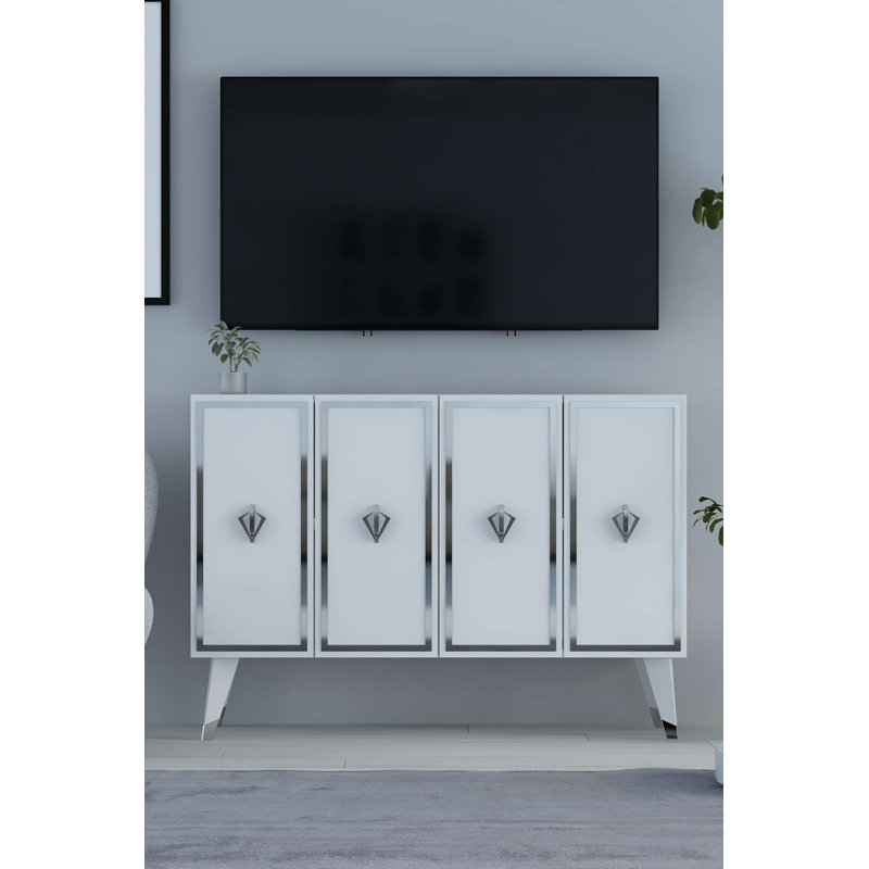 Console moderne avec fixation murale, blanc et argent, 47,2 po x 31,5 po x 11,6 po | 100% panneau de particules enduit de mélamine, épaisseur: 0,7 pouce | Nombreuses tablettes, design élégant et fonctionnel pour la maison ou le bureau