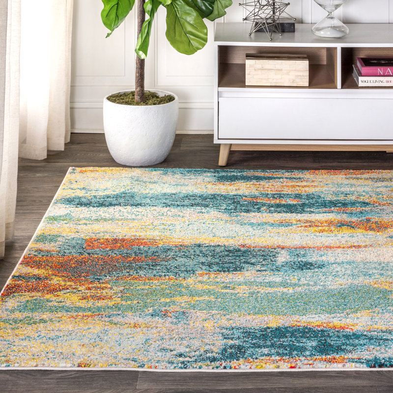 Tapis bleu / crème / jaune Lasley, Rectangle 5 pi 3 po x 7 pi 6 po