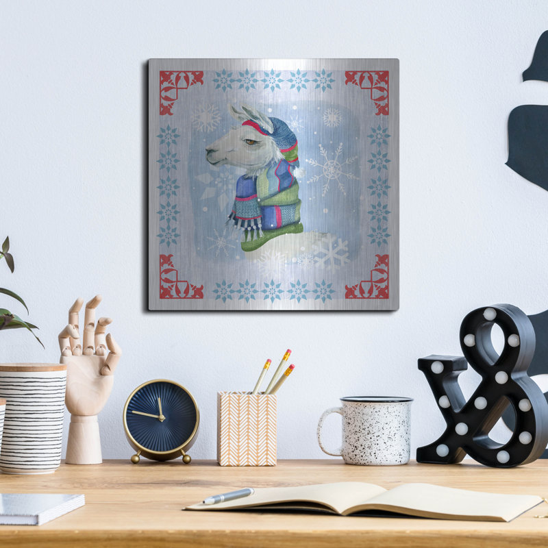 «Winter Llama» par Fiona Stokes-Gilbert, art mural en métal, 12 po x 12 po, H 12 po x l 12 po
