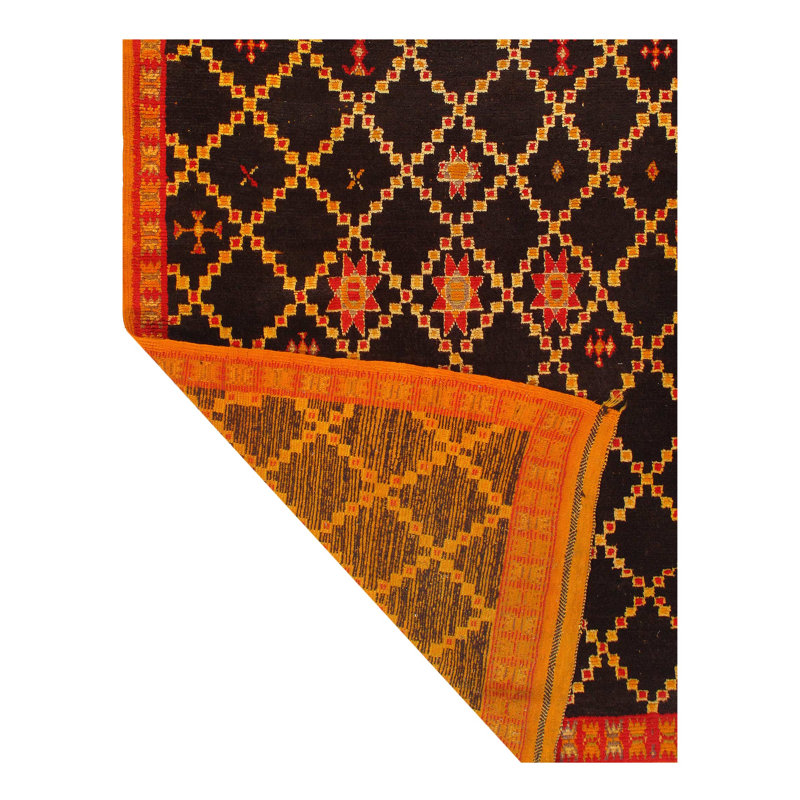 Tapis jaune / noir en laine noué à la main de conception unique 4 pi 5 po x 7 pi années 2000 Lyndsay