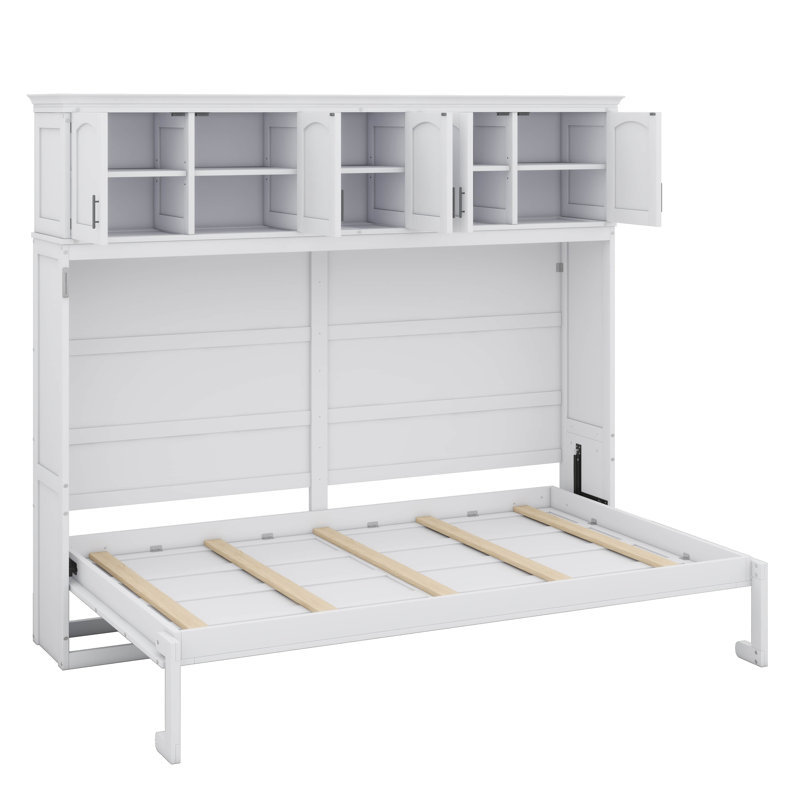 Grand lit escamotable pliable, cadre de lit mural avec armoires supérieures, lit plateforme dissimulé, Blanc