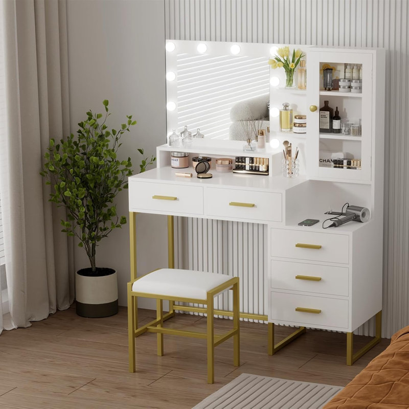 53.5" Large Vanity Desk with Bench, Makeup Vanity with Mirror & Lights & Led Bulbs, Makeup Table with 5 Drawers, Vanity Table with Charging Station- White