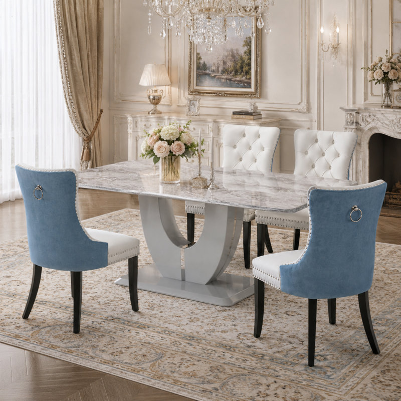 Ensemble de salle à manger 5 pièces rectangulaire transitionnel 63 po avec chaises cloutées 5 pièces, Gris, Bleu / blanc