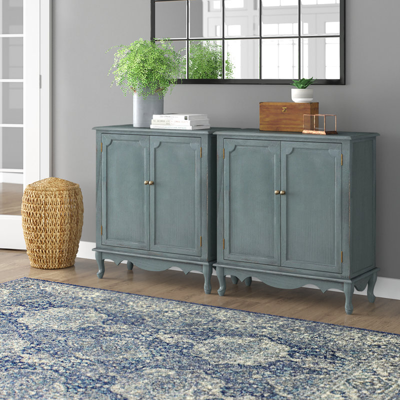 Armoire d'appoint en bois massif à 2 portes avec assemblage simple Arshawn, Bleu