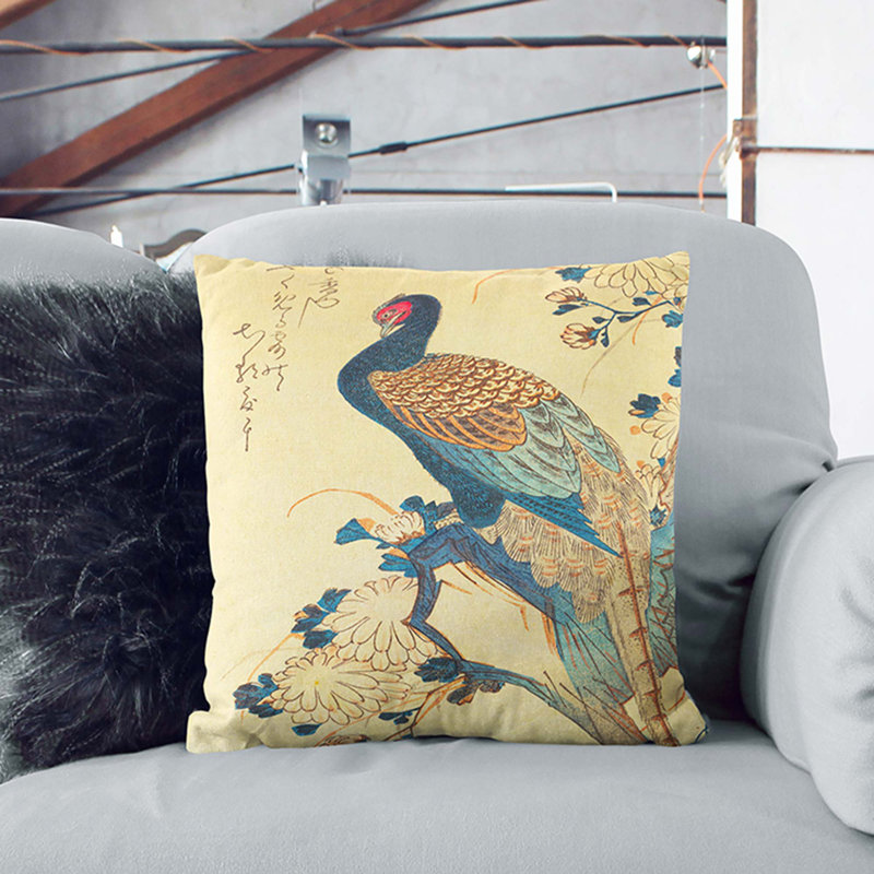 Pheasant and Chrysanthemums by Utagawa Hiroshige Cushion with Filling, White, 40cm H x 40cm W x 15cm D