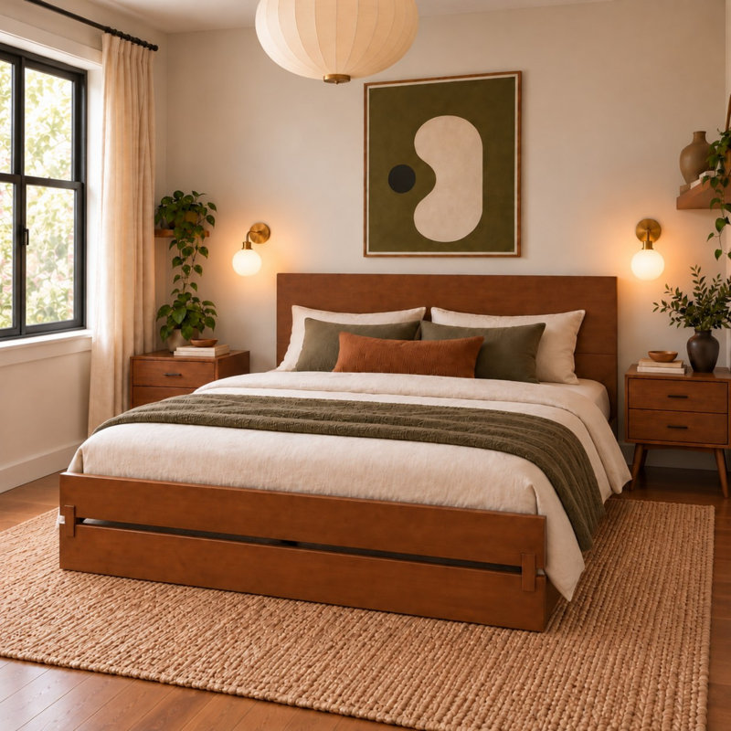 Bamboo Platform Bed with Reinforced Slat Support, Queen, Noyer