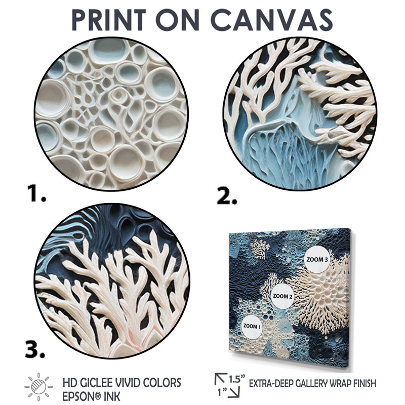 Collage sous l'eau de coraux bleus et blancs - art mural côtier, H 36 po x l 36 po, Toile tendue, Sans cadre