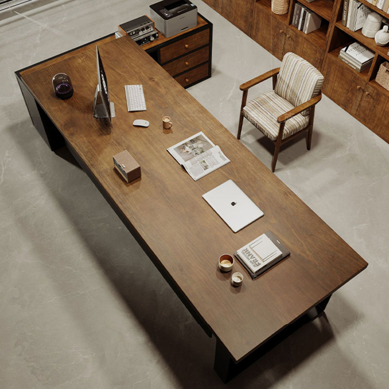 86.61" Dark-brown+Black L-Shaped Solid Wood+Iron Office Sets