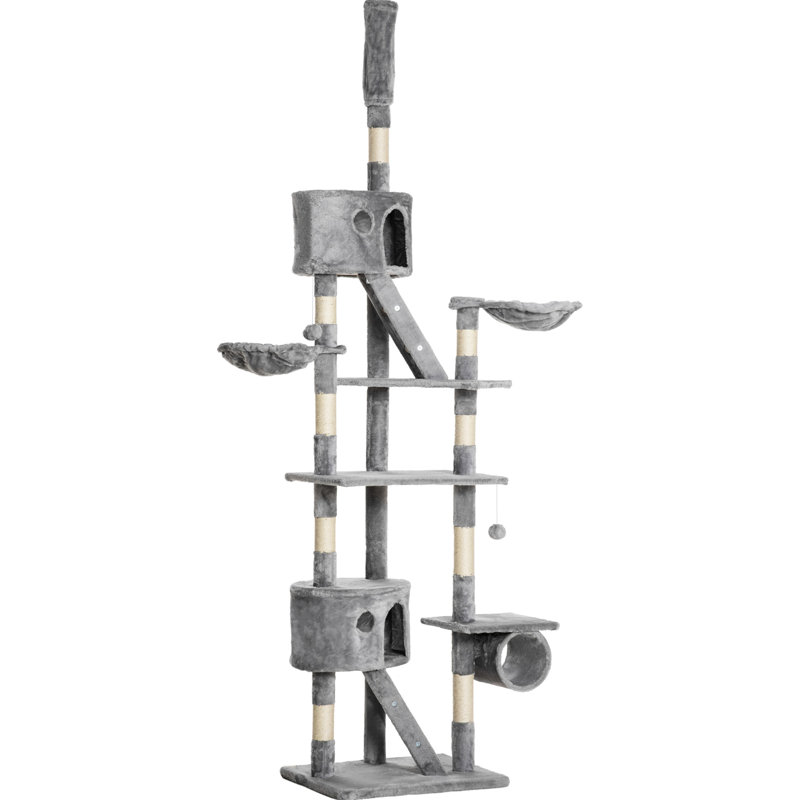 Arbre à chat à hauteur ajustable du plancher au plafond avec poteaux à griffes, deux condos, hamacs, tubes, échelles et balles, confortable pour la détente des chats avec panneau de particules stable
