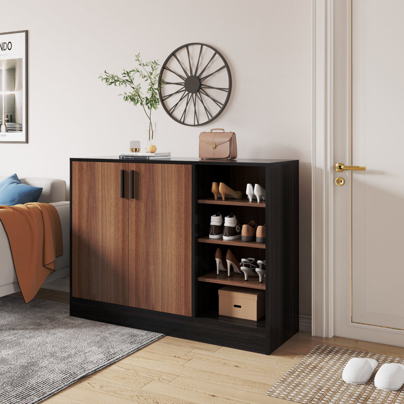 Hokku Designs Shoe Cabinet, 4-Tier Shoe Rack With Doors And Open Storage Shelf, Black/Walnut