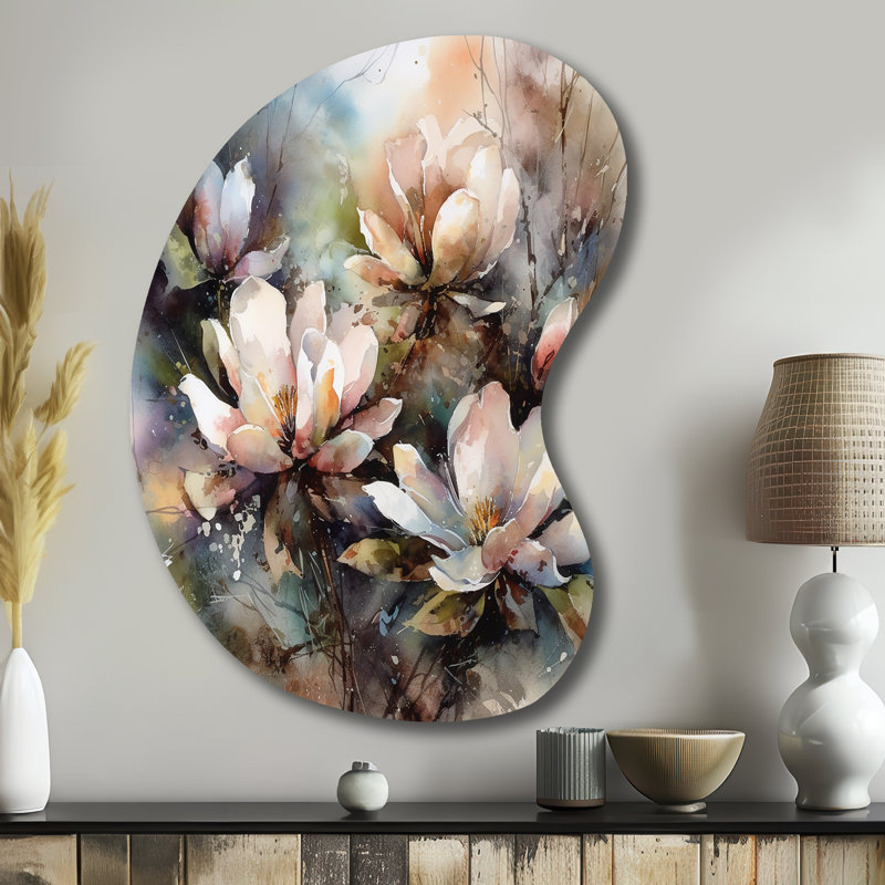 «Pink Magnolia Symphony II - Asymmetric Magnolias», reproduction d'art murale en métal de forme unique, H 39 po x l 28 po