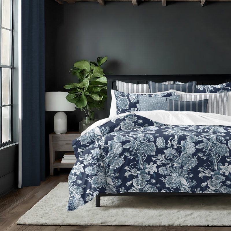 Alexandria Indigo Cotton Duvet Cover Set, Queen Duvet Cover + 7 Additional Pieces