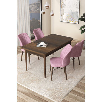 Ensemble de table et chaises de salle à manger 5 pièces, baroque et rose | 100% panneau de particules revêtu de mélamine, table: 43,3 po x 29,9 po x 27,6 po, chaises: 17,7 po x 35,4 po x 16,5 po | Pieds en bois, structure en métal, dossier en mousse confortable 22 pouces et siège en mousse 28 pouces