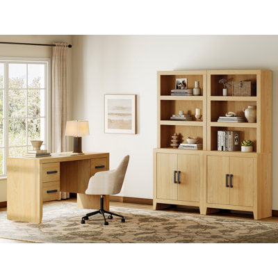 2 Piece Farmhouse Office Set With 54" Executive Desk & Storage Bookcases, Home Office Furniture Set With Power Outlet, 4 Drawers And Adjustable Shelves For Study Room