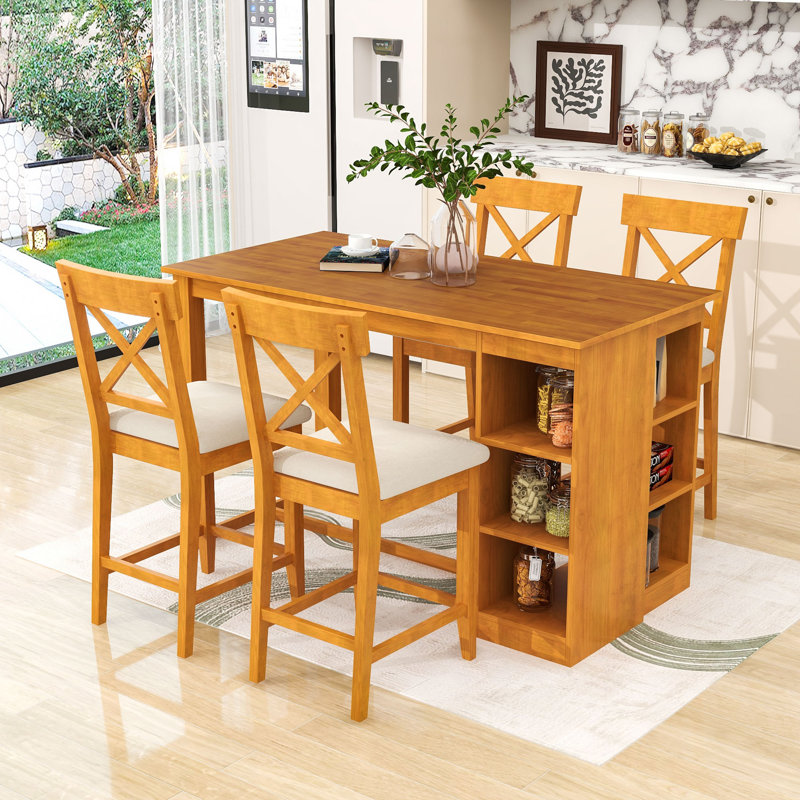 Ensemble de salle à manger 5 pièces Devra, table en bois à hauteur de comptoir avec rangement à 3 niveaux et chaises rembourrées