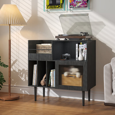 Vinyl Record Storage Stand with Dustproof Acrylic Door, Large Turntable Shelf & Multi-Compartment Cabinet