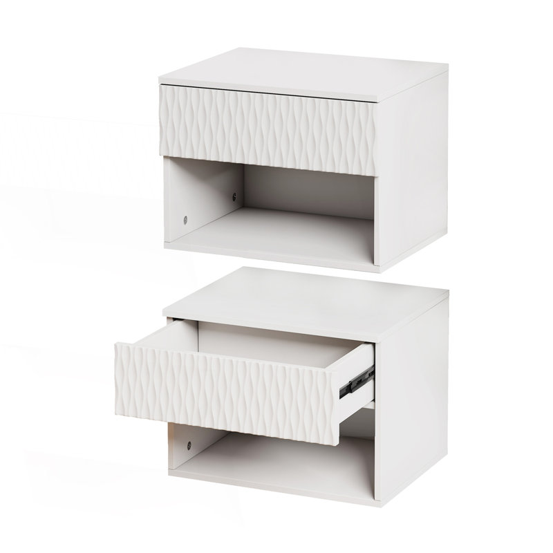 Ensemble de 2 tables de chevet murales peu encombrantes avec tiroir et table de chevet, Blanc ancien