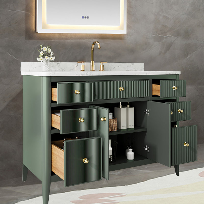 Ensemble de meuble-lavabo autoportant moderne en bois massif 48 po avec plateau en marbre, Vert rétro