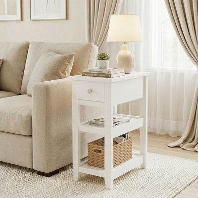 24'' Tall End Table, Narrow Side Table with Drawer and Shelves for Small Space