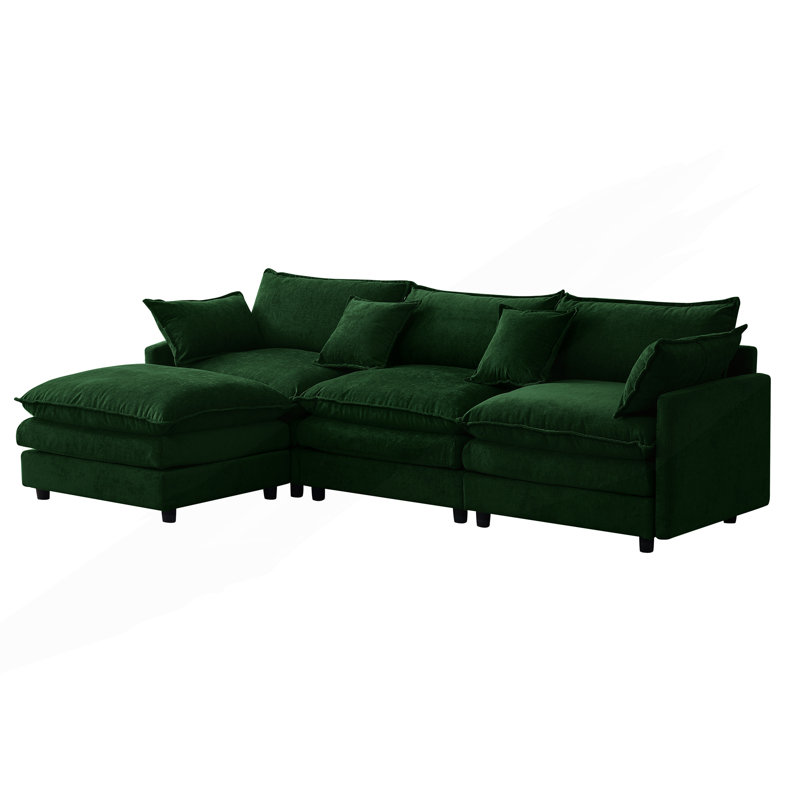 Canapé d'angle modulaire, canapé rembourré moelleux, 3 places avec pouf, canapé en L, Green Chenille