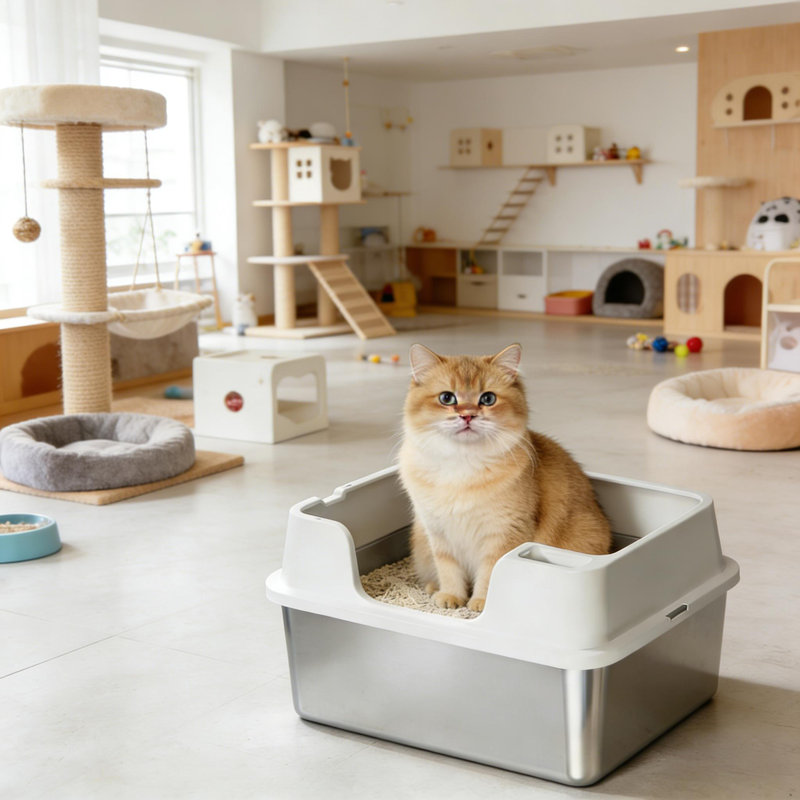 Litière en acier inoxydable avec couvercle pour gros chats, y compris pelle, 8.66" H x 23.62" W x 15.74" D, Blanc / Gris