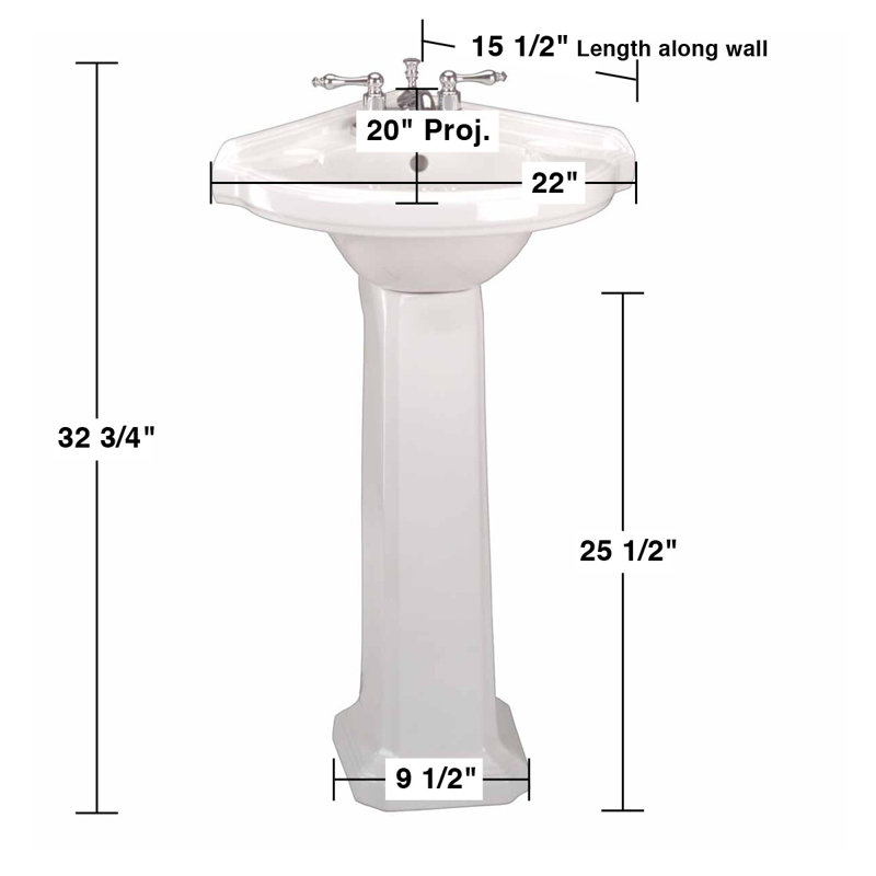 White Ceramic Corner Pedestal Bathroom Sink with Overflow