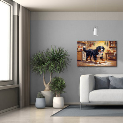  «Bernes Mountain Dog In The Kitchen» par Rich Monet, art mural sur toile, 40 po x 26 po