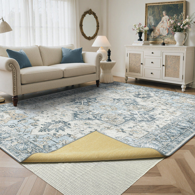 Roehit Performance Machine Washable Blue / Beige Area Rug with Non-Slip Rug Pad, Rectangle 6' x 9', Blue