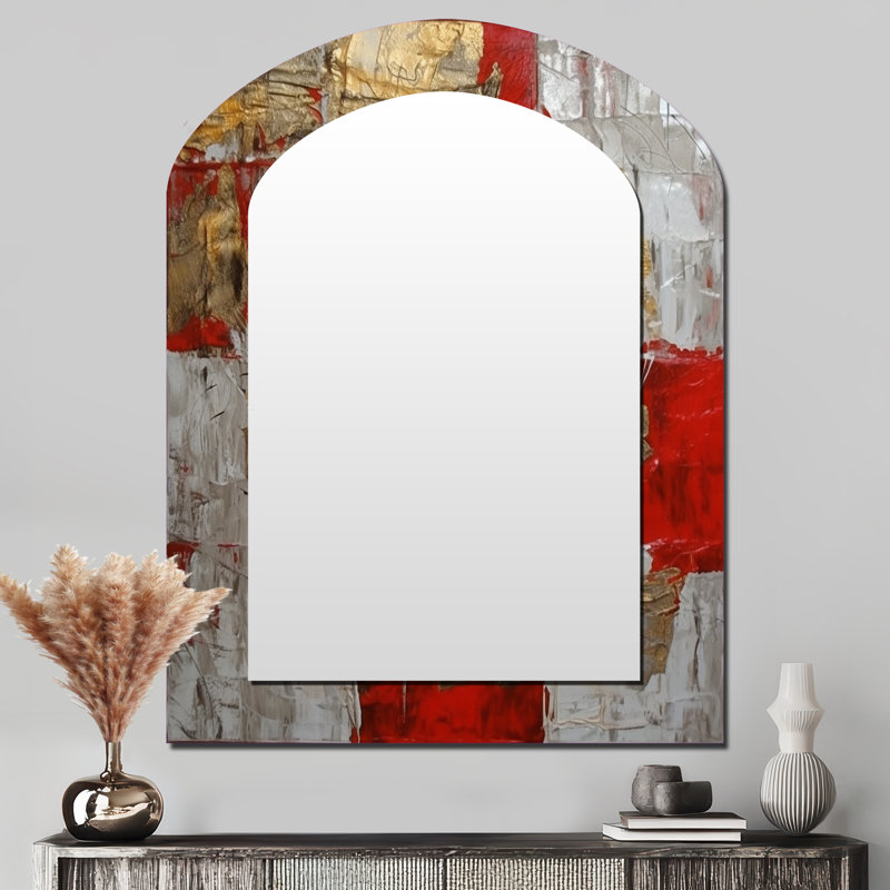 Cardinal Sin Retro Delight, abstrait rouge et or I - peinture abstraite, miroir asymétrique unique, grand miroir mural arqué, impression sur métal