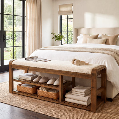 Upholstered Bench with Shelves