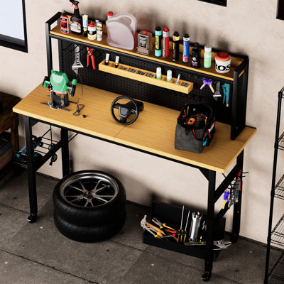 71'' Workbench With , Wheels, Ac/ Outlet - 2000 Lb Capacity, Adjustable For Office Workshop Garage Home