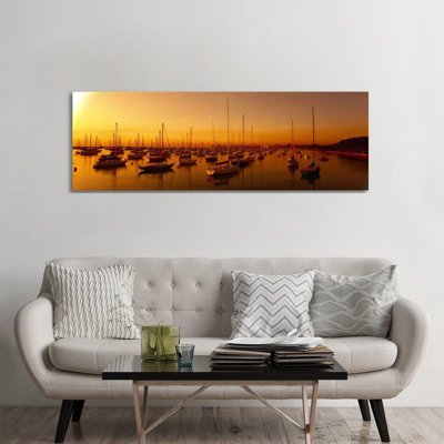 Boats Moored At A Harbor At Dusk, Chicago River, Chicago - Wrapped Canvas Panoramic Print