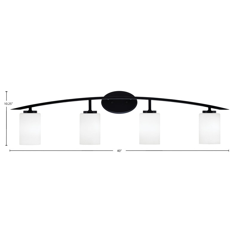 Barre d'éclairage de salle de bain 4 lumières avec verre mousseline blanc 4 po Kurve, Noir mat