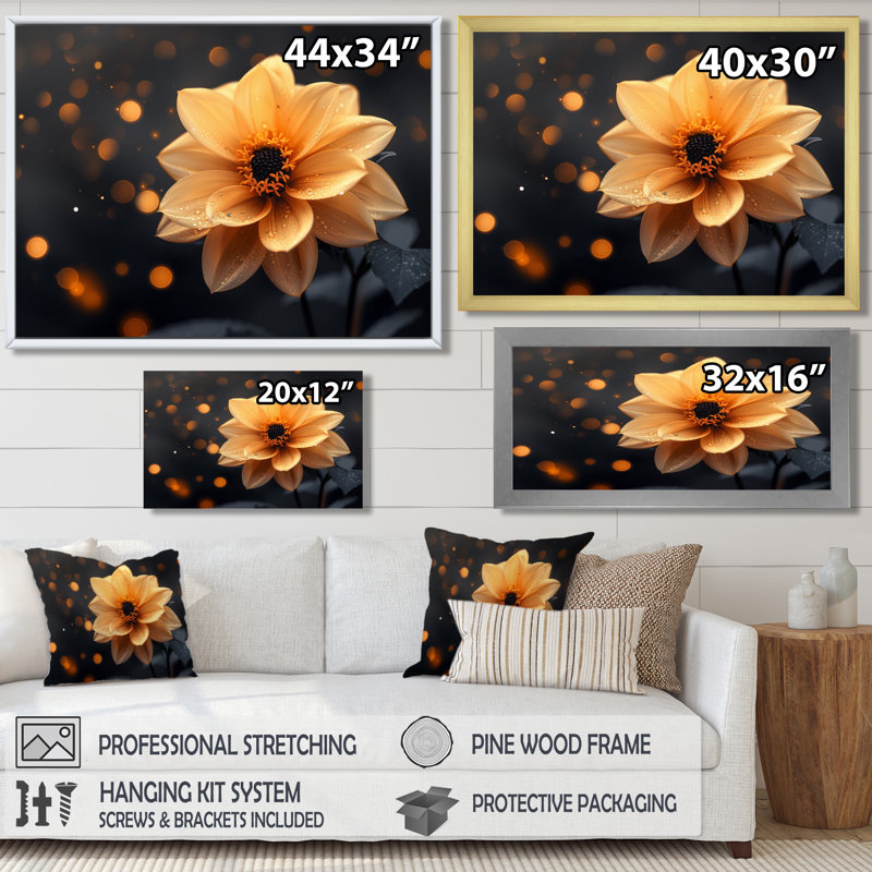 Dahlia noir et jaune doré - Dahlia Wall Art Living Room, Cadre simple blanc, H 34 po x l 44 po