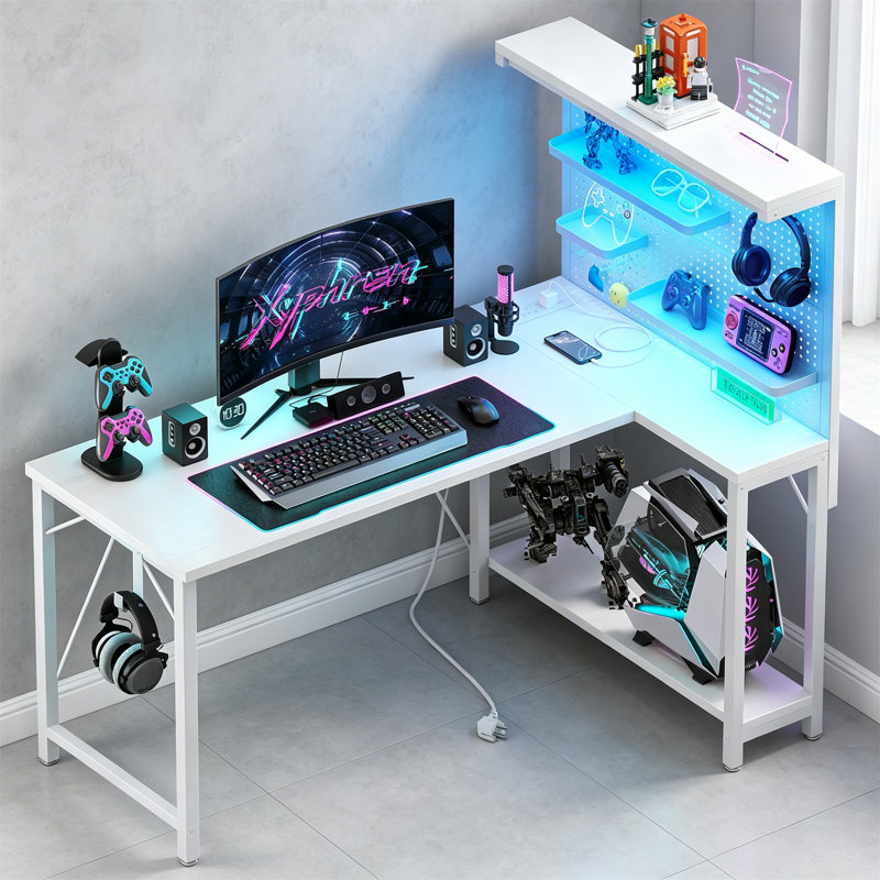 L Shaped Gaming Desk with Pegboard Hutch, White