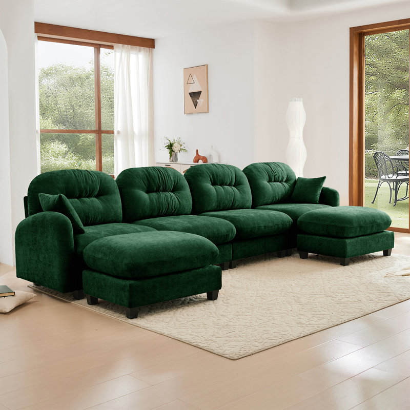 Canapé modulaire en U modulaire avec repose-pieds, tissu chenille doux, Vert