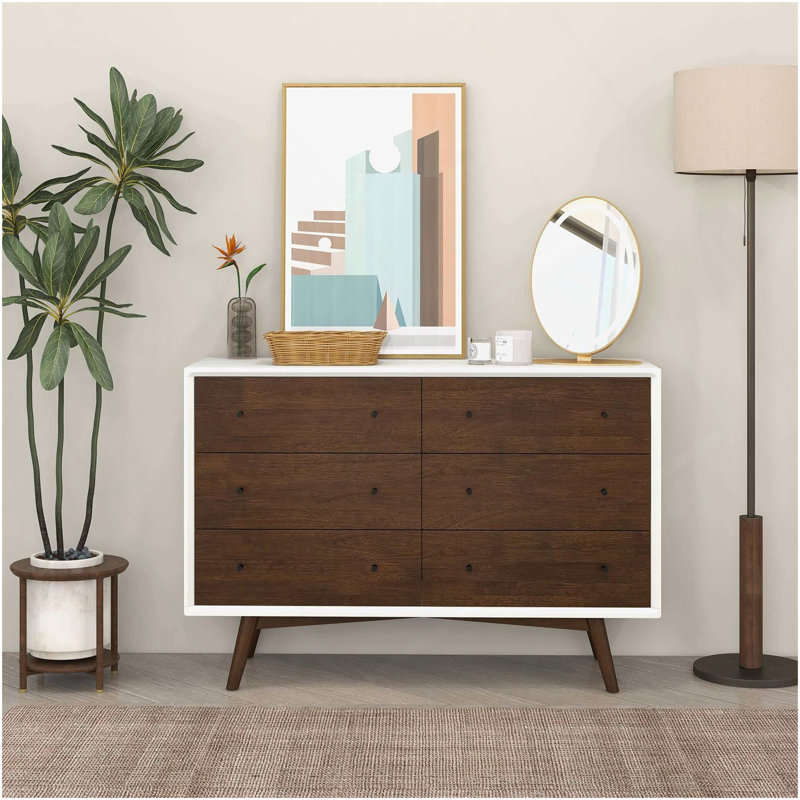 Solution de rangement 6 tiroirs Mid-Century moderne en bois massif, brun foncé et blanc, couloir, vestibule, placard