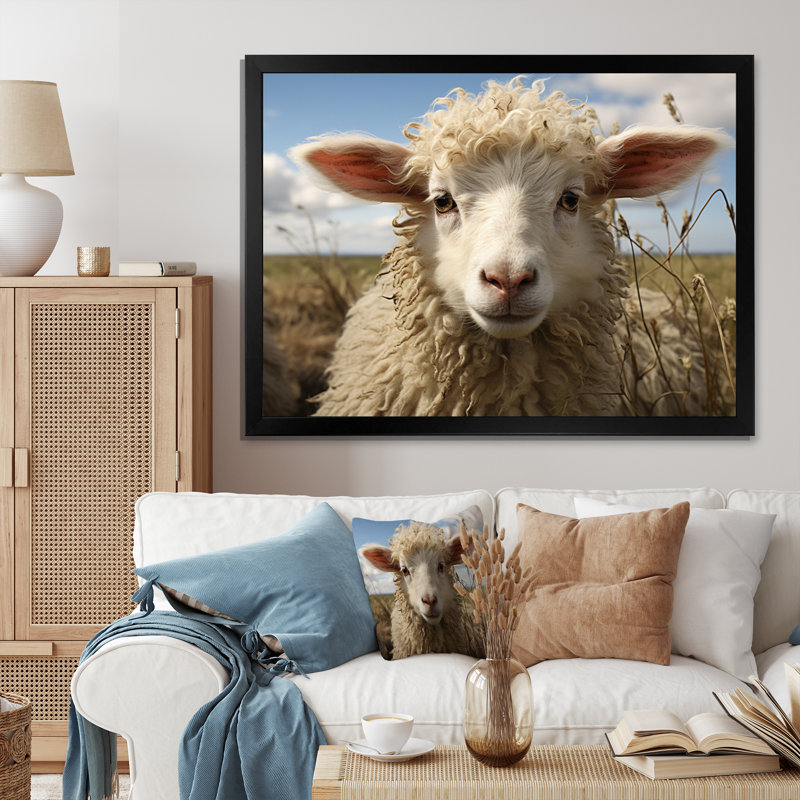 Sheep Portrait II - Animals Wall Art Living Room, H 24 po x l 32 po x P 1 po, Cadre photo noir