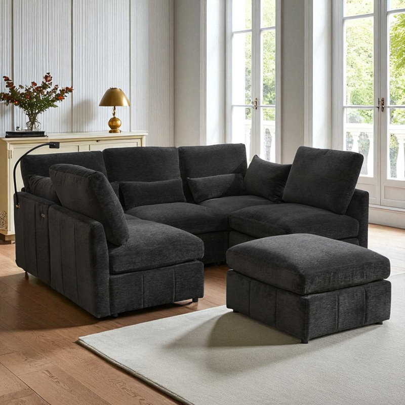 U-Shaped Modular Sectional Sofa With Ottoman And USB Ports, Black Chenille
