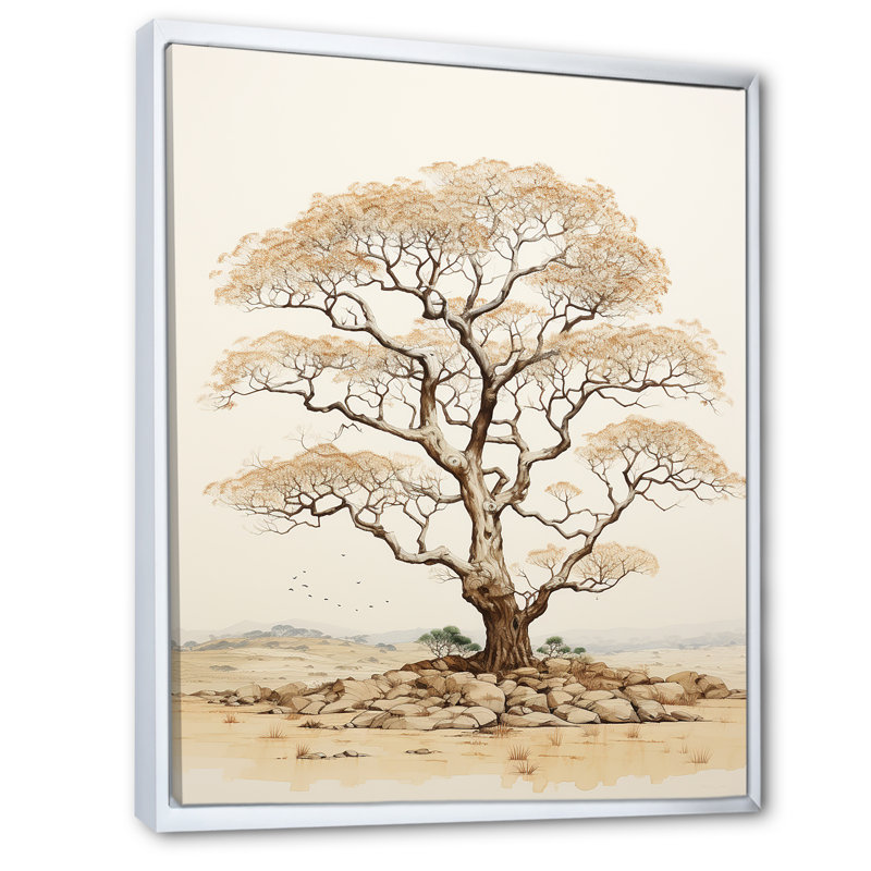 Baobab, arbre beige, minimalisme I - arbre, baobab, estampes, Cadre flottant blanc, H 20 po x l 12 po