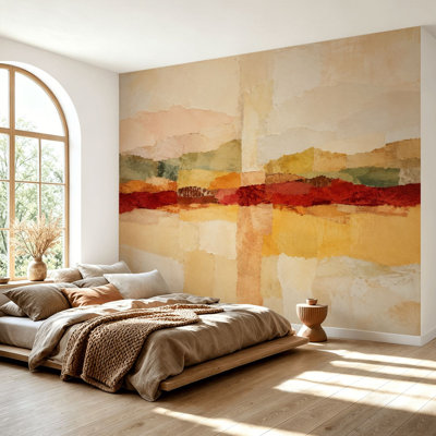 Papier peint adhésif à peler et coller à composition abstraite, tons de terre, rouge audacieux, papier autocollant amovible, décoration murale pour salon, chambre à coucher H 69 po x l 96 po