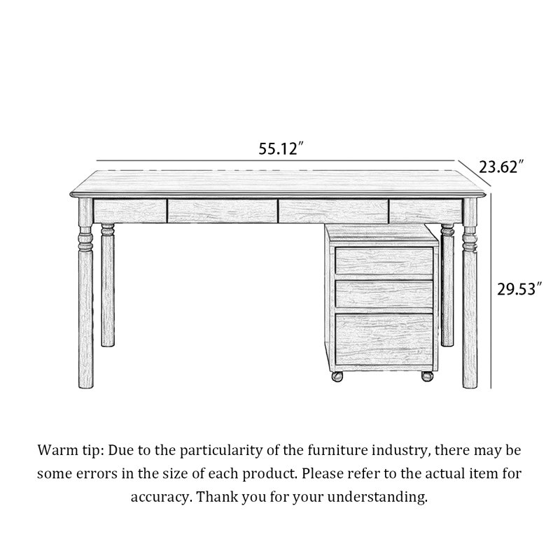 Bureau en bois massif avec caisson à tiroirs mobiles, H 29,53 po x l 55,12 po x P 23,62 po