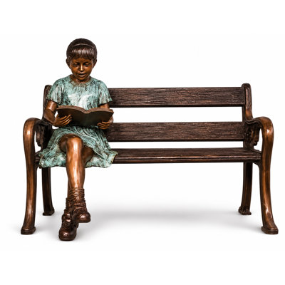 Sculptures & Beyond Girl Reading on Bench Cast Bronze Sculpture – Lost-Wax Bronze with Hand-Applied Patina – Heartwarming Children & Reading Decorative Art for Home, Garden, Library & Outdoor Décor – Between the Pages – 42"H