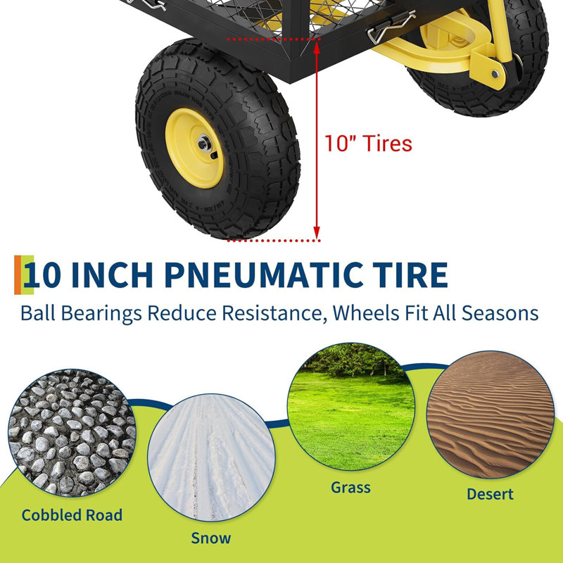 Chariot de jardin 900 LBS avec côtés en filet amovibles, chariot de jardin en acier robuste avec poignées réglables et pneus pneumatiques de 10 po, chariot utilitaire pour la cour de camping de pelouse