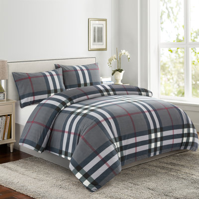 Printed Rayon from Bamboo Soft Duvet Cover Set With Hidden Zipper, Modern Grey Tartan Pattern
